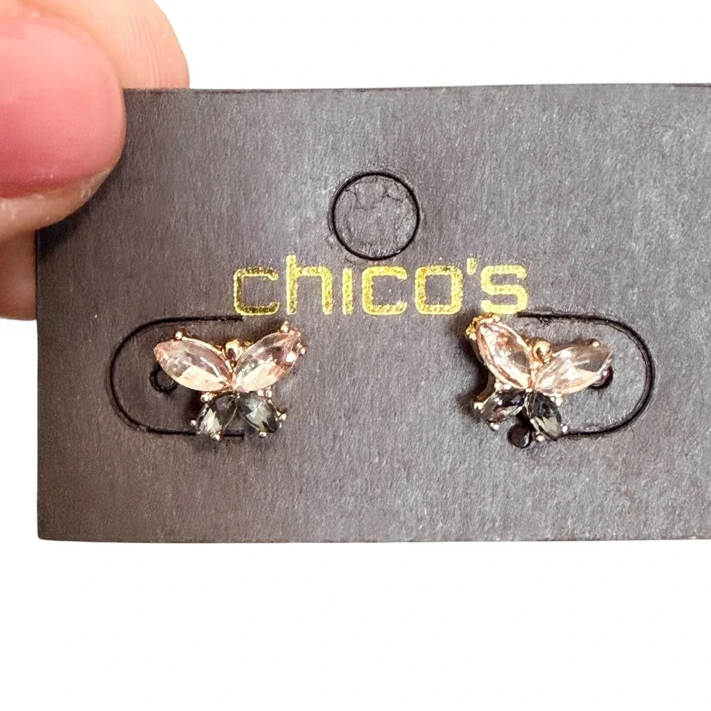 Vintage Chico's Butterfly Crystal Stud Earrings‎ Pink Gray Gold Tone NOS Y2K